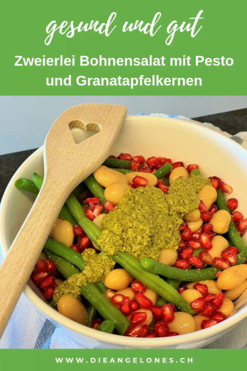 Ein Bohnensalat aus grünen und weissen Bohnen mit Granatapfelkernen und Pesto schmeckt nicht nur sehr fein und sieht gut aus, sondern ist auch sehr gesund und sättigend.