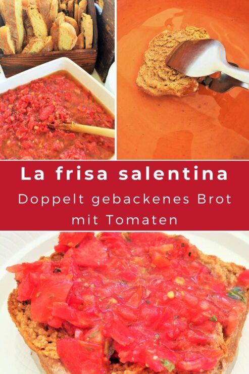 La frisa salentina ist ein kulinarisches Highlight aus dem Salento. Dabei handelt es sich um ein doppelt gebackenes Brot, das am ehesten mit Zwieback vergleichbar ist und - ähnlich wie eine Bruschetta - mit gehackten Tomaten belegt wird.